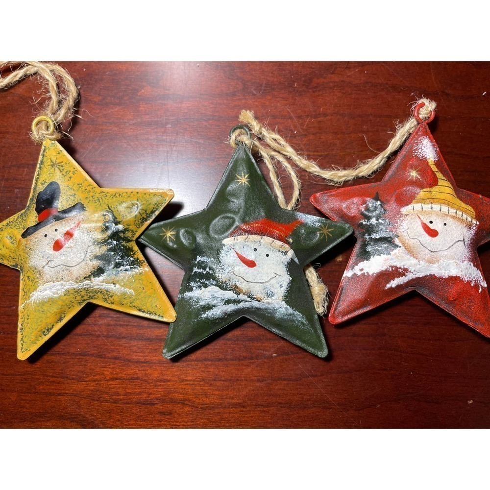 3 Vintage Metal Country Christmas Stars With Hand Painted Snowmen & Jute Hangers - Picture 5 of 5